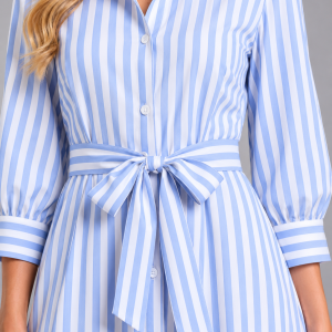 Women's Striped Belted Shirt Maxi Dress ?C Long Sleeve Button Front - Image 3