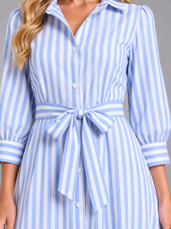 Women's Striped Belted Shirt Maxi Dress ?C Long Sleeve Button Front