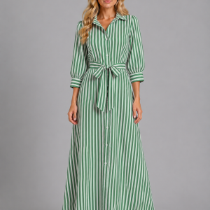Women's Striped Belted Shirt Maxi Dress ?C Long Sleeve Button Front - Image 4