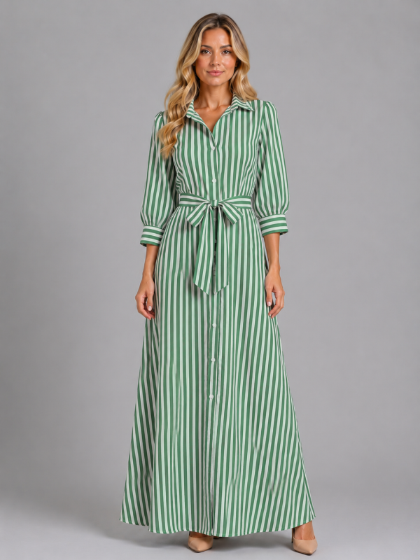 Women's Striped Belted Shirt Maxi Dress ?C Long Sleeve Button Front