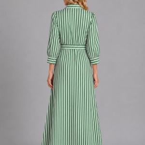 Women's Striped Belted Shirt Maxi Dress ?C Long Sleeve Button Front - Image 5