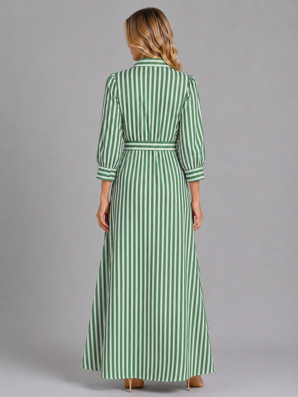Women's Striped Belted Shirt Maxi Dress ?C Long Sleeve Button Front