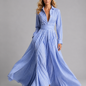 Women's Striped Shirt Maxi Dress ?C Cinched Waist Flowing Style