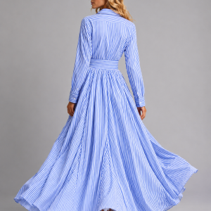 Women's Striped Shirt Maxi Dress ?C Cinched Waist Flowing Style - Image 3