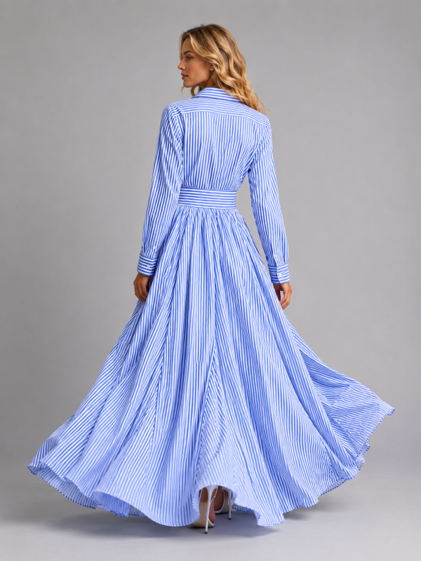 Women's Striped Shirt Maxi Dress ?C Cinched Waist Flowing Style