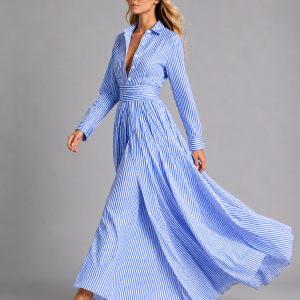 Women's Striped Shirt Maxi Dress ?C Cinched Waist Flowing Style - Image 4