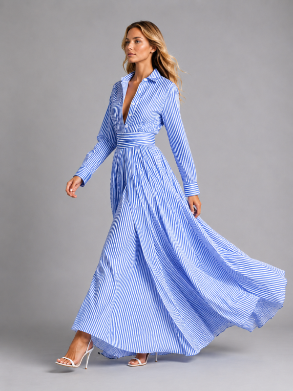 Women's Striped Shirt Maxi Dress ?C Cinched Waist Flowing Style