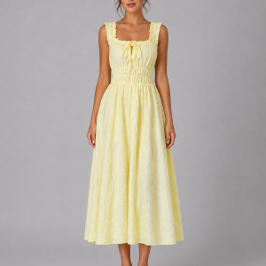 Women's Textured Floral Midi Dress ?C Shirred Waist & Ruffle Detail