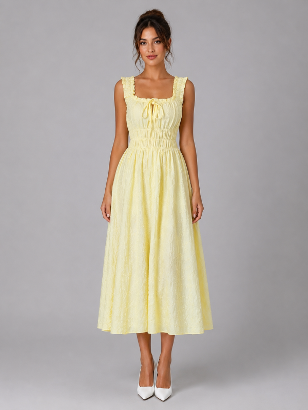 Women's Textured Floral Midi Dress ?C Shirred Waist & Ruffle Detail