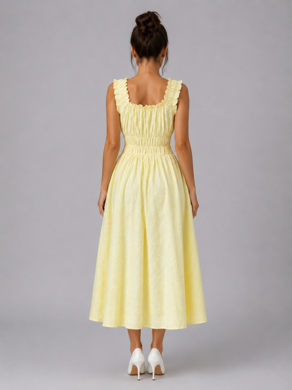 Women's Textured Floral Midi Dress ?C Shirred Waist & Ruffle Detail
