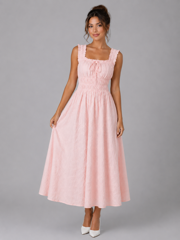 Women's Textured Floral Midi Dress ?C Shirred Waist & Ruffle Detail