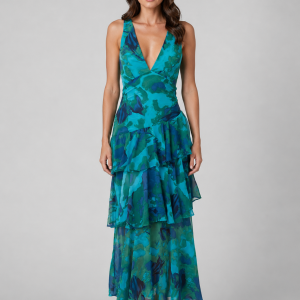 Women's Tiered Ruffle V-Neck Maxi Dress ?C Flowing Silhouette