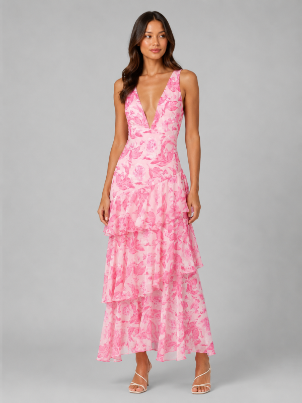 Women's Tiered Ruffle V-Neck Maxi Dress ?C Flowing Silhouette