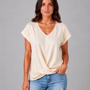 Women's V-Neck Draped T-Shirt ?C Relaxed Short Sleeve Top - Image 4