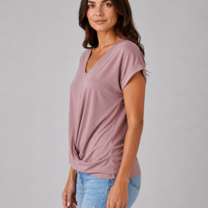 Women's V-Neck Draped T-Shirt ?C Relaxed Short Sleeve Top - Image 3