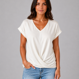 Women's V-Neck Draped T-Shirt ?C Relaxed Short Sleeve Top - Image 5