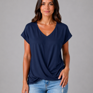Women's V-Neck Draped T-Shirt ?C Relaxed Short Sleeve Top - Image 7