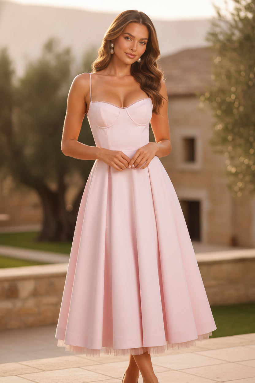Seraphina | Corset Spaghetti Strap Midi Wedding Guest Dress - Image 1