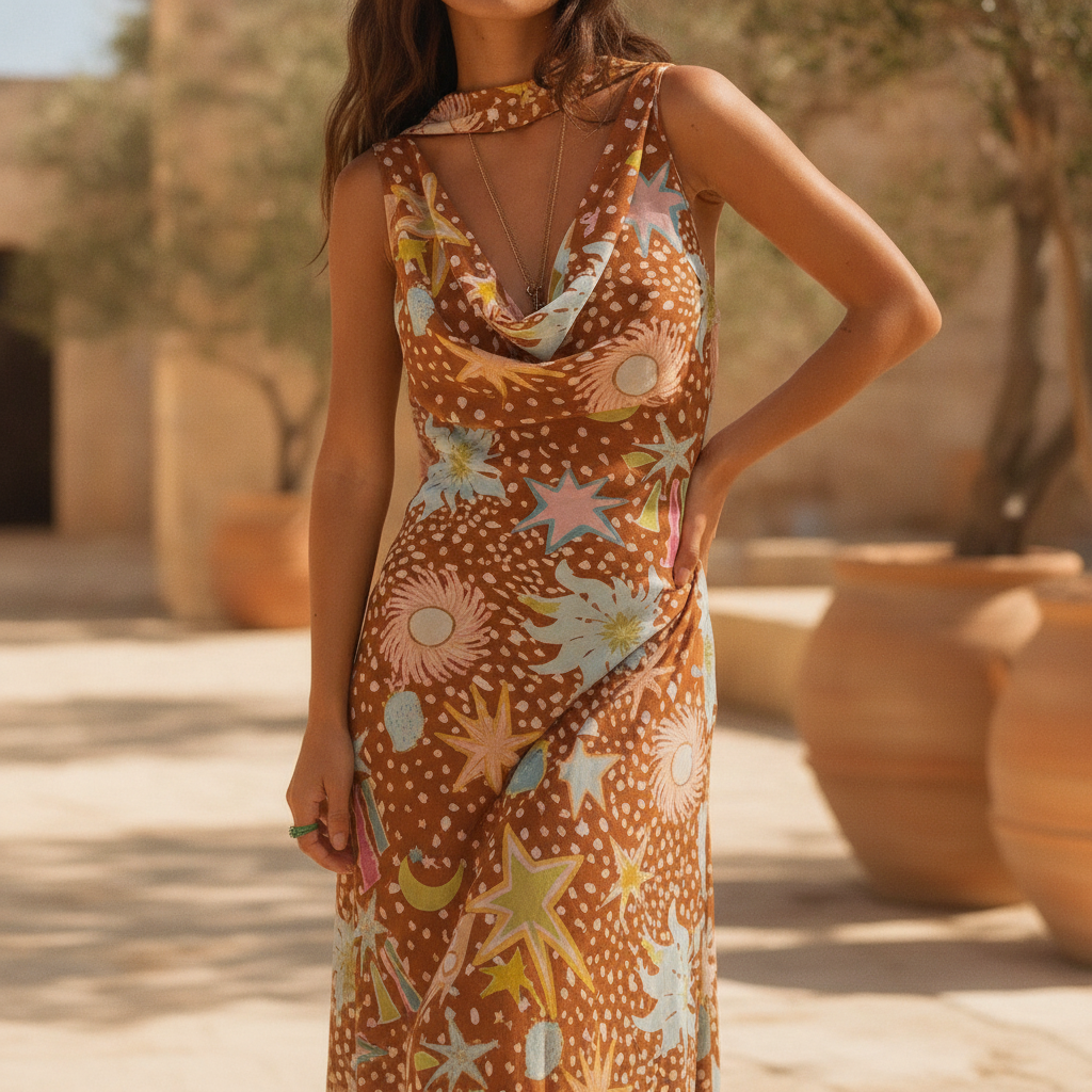 Delia | Cowl Neck Halter House Dress Brown Fawn Print - Image 1