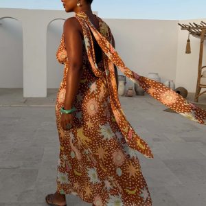 Delia | Cowl Neck Halter House Dress Brown Fawn Print - Image 11