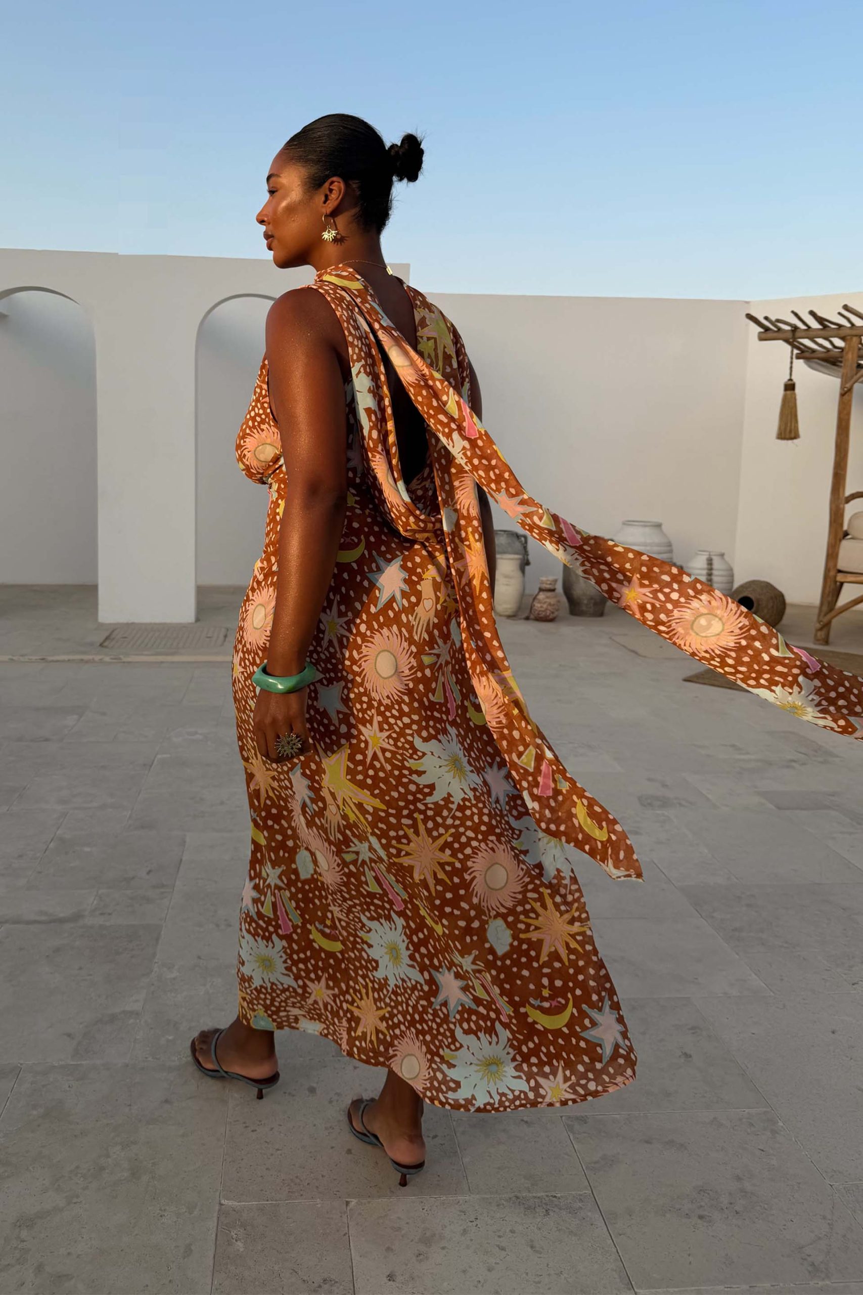 Delia | Cowl Neck Halter House Dress Brown Fawn Print - Image 11