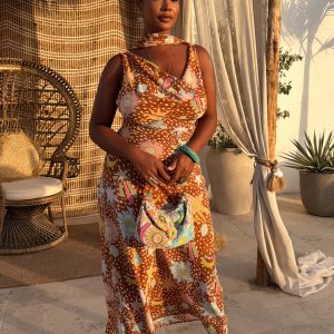 Delia | Cowl Neck Halter House Dress Brown Fawn Print - Image 7