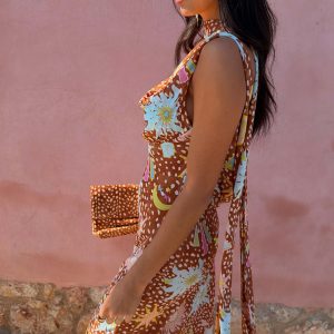 Delia | Cowl Neck Halter House Dress Brown Fawn Print - Image 10