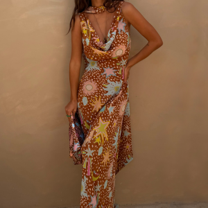 Delia | Cowl Neck Halter House Dress Brown Fawn Print - Image 3