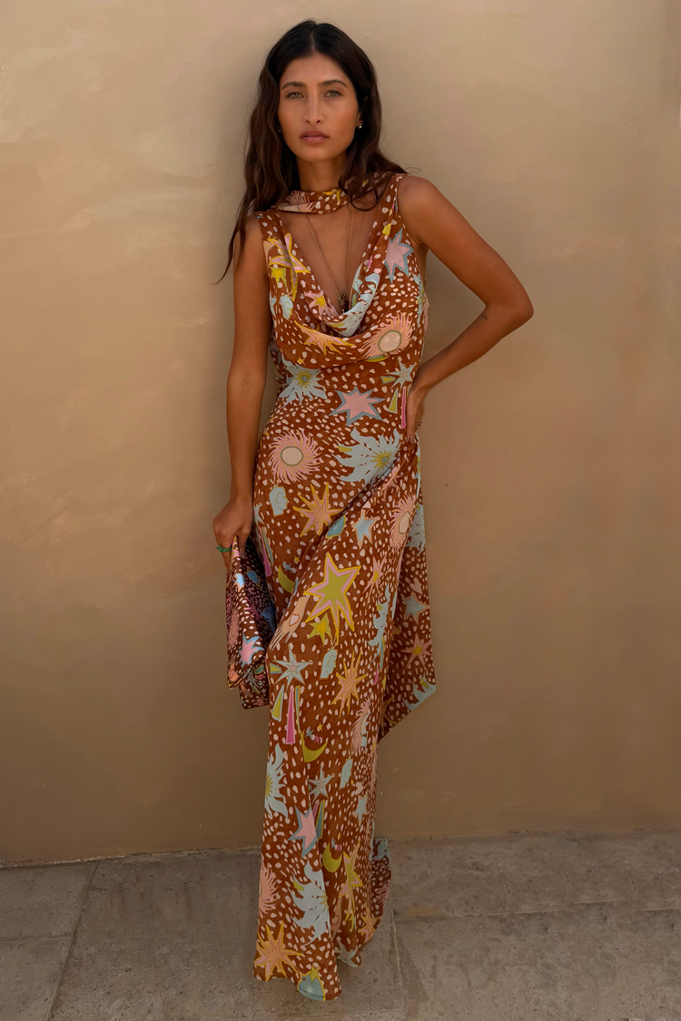 Delia | Cowl Neck Halter House Dress Brown Fawn Print - Image 3