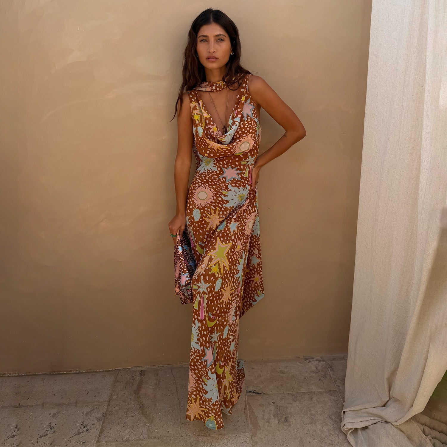 Delia | Cowl Neck Halter House Dress Brown Fawn Print - Image 2