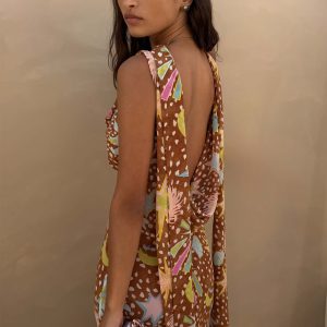 Delia | Cowl Neck Halter House Dress Brown Fawn Print - Image 8