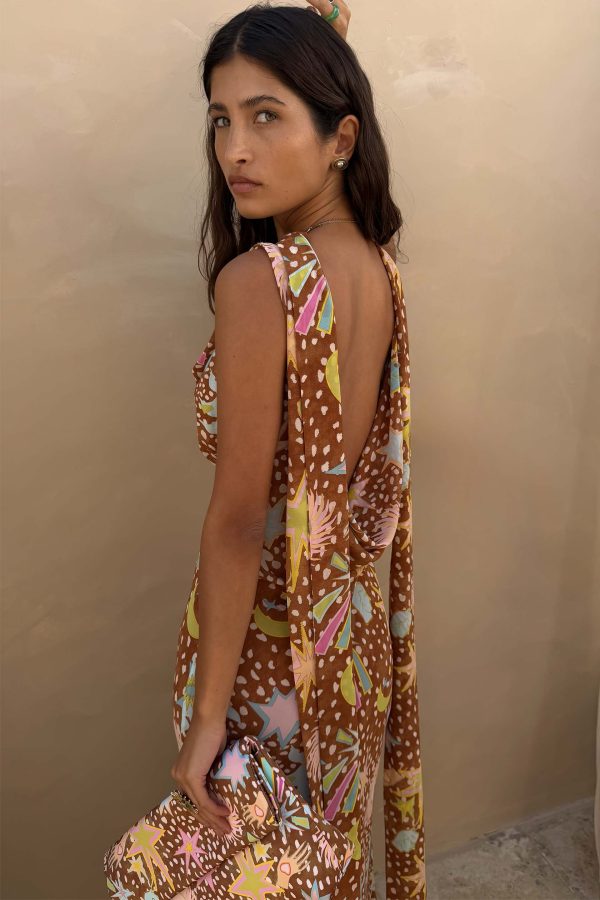 Delia | Cowl Neck Halter House Dress Brown Fawn Print