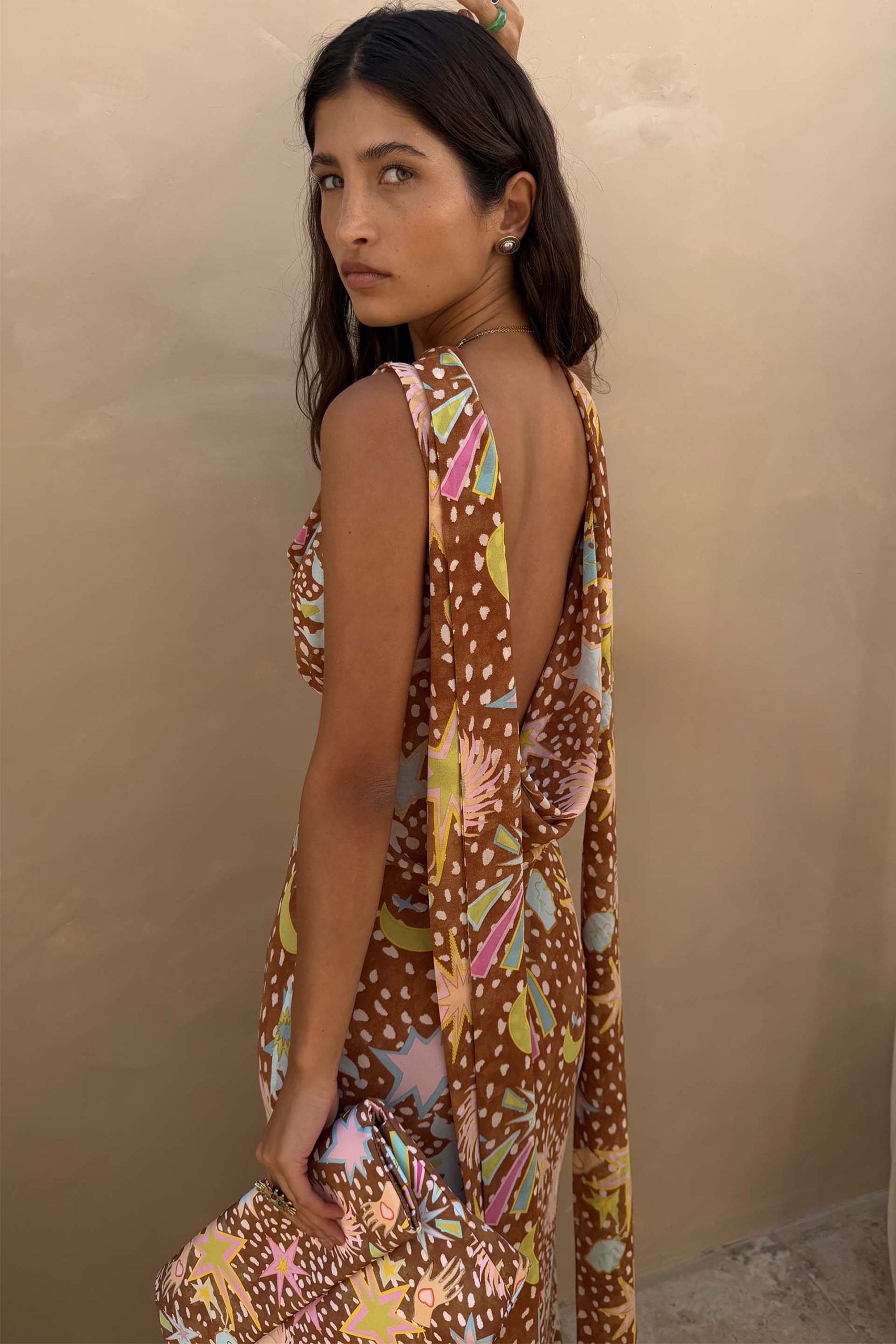 Delia | Cowl Neck Halter House Dress Brown Fawn Print - Image 8