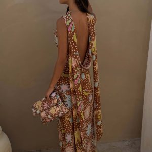 Delia | Cowl Neck Halter House Dress Brown Fawn Print - Image 5