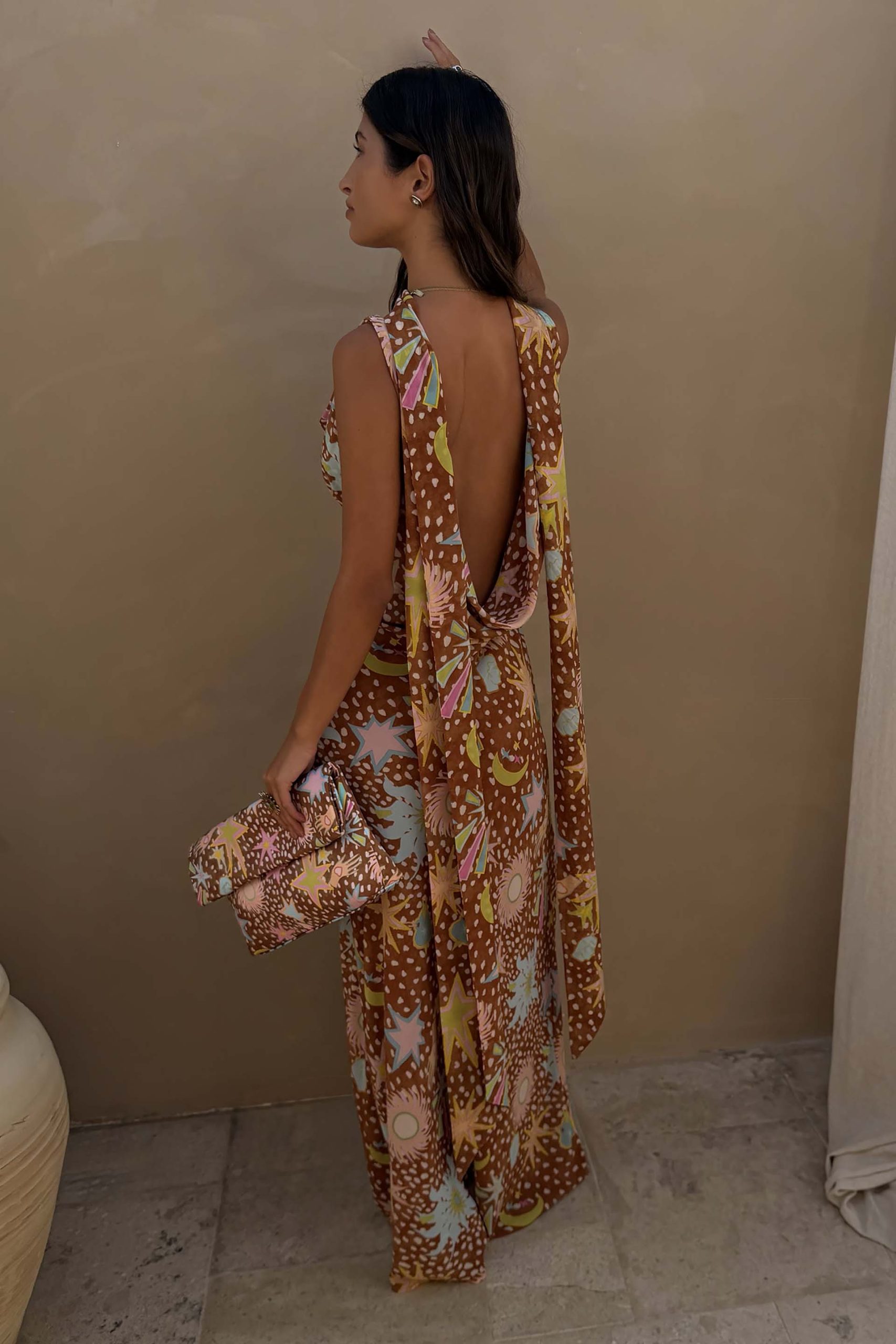 Delia | Cowl Neck Halter House Dress Brown Fawn Print - Image 5