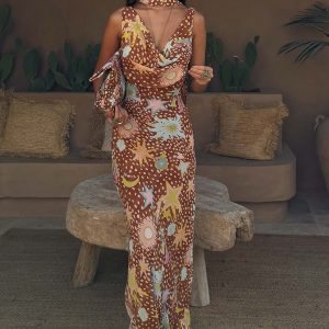 Delia | Cowl Neck Halter House Dress Brown Fawn Print - Image 6