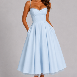 Seraphina | Corset Spaghetti Strap Midi Wedding Guest Dress - Image 8
