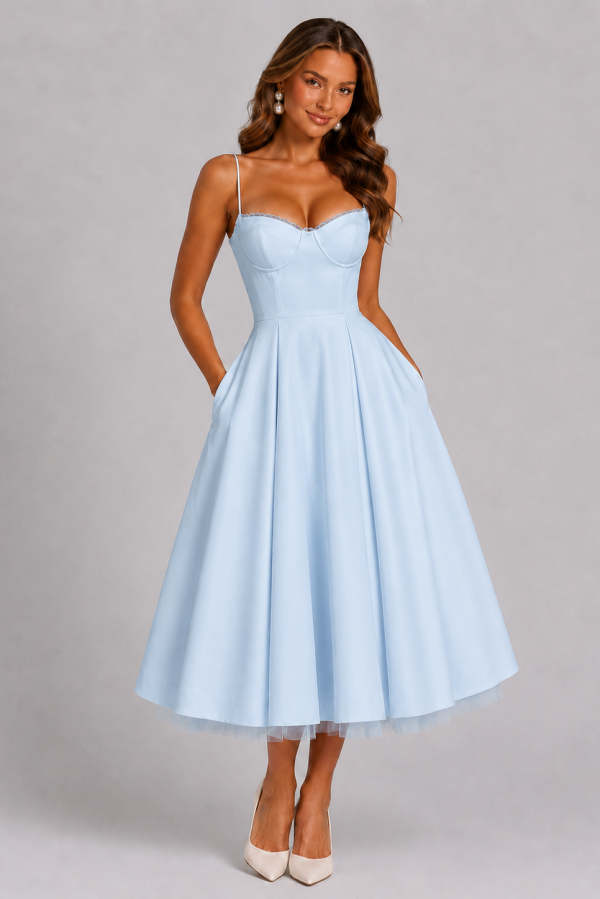 Seraphina | Corset Spaghetti Strap Midi Wedding Guest Dress
