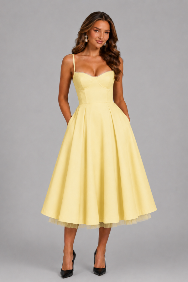 Seraphina | Corset Spaghetti Strap Midi Wedding Guest Dress