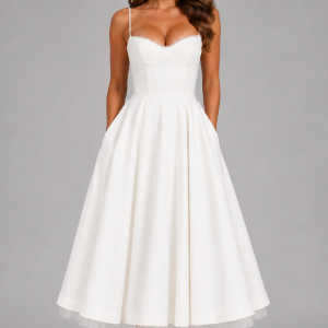 Seraphina | Corset Spaghetti Strap Midi Wedding Guest Dress - Image 10